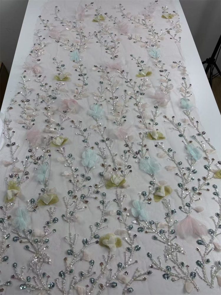 Beaded Tulle Feather 3D Floral Fabric - 5 Yards | HY012