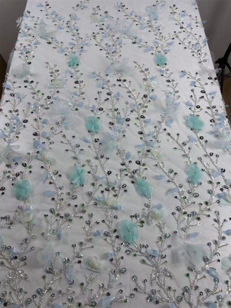 Beaded Tulle Feather 3D Floral Fabric - 5 Yards | HY012