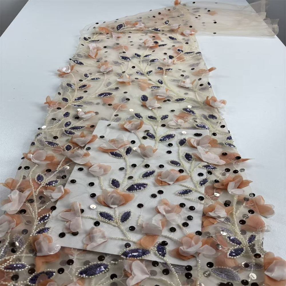 Beaded Tulle Feather 3D Floral Fabric - 5 Yards | HY013