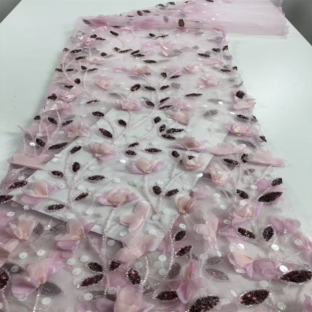 Beaded Tulle Feather 3D Floral Fabric - 5 Yards | HY013