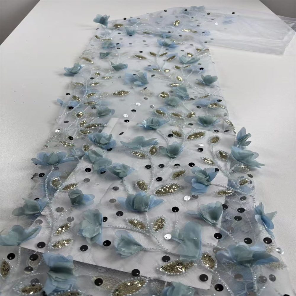Beaded Tulle Feather 3D Floral Fabric - 5 Yards | HY013