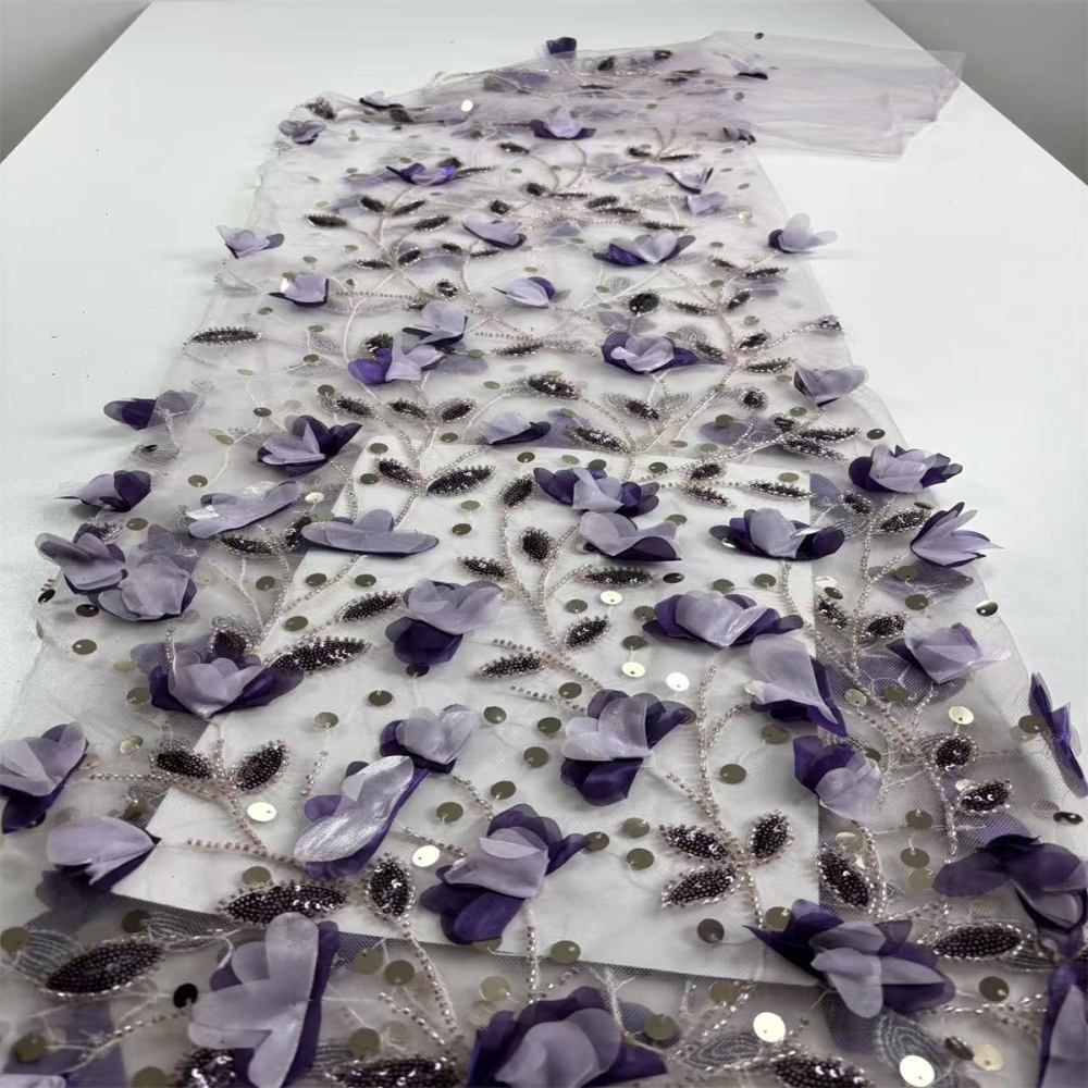 Beaded Tulle Feather 3D Floral Fabric - 5 Yards | HY013
