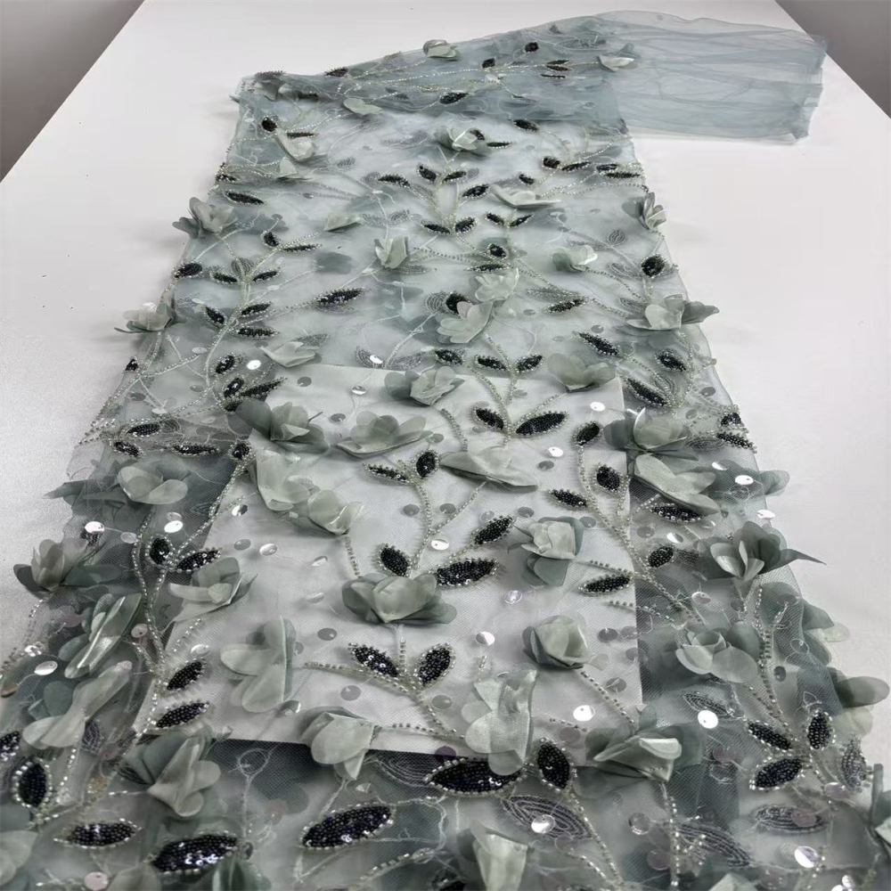 Beaded Tulle Feather 3D Floral Fabric - 5 Yards | HY013