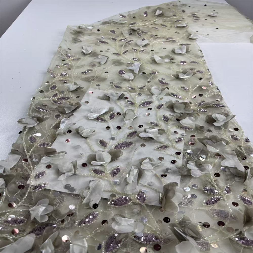 Beaded Tulle Feather 3D Floral Fabric - 5 Yards | HY013
