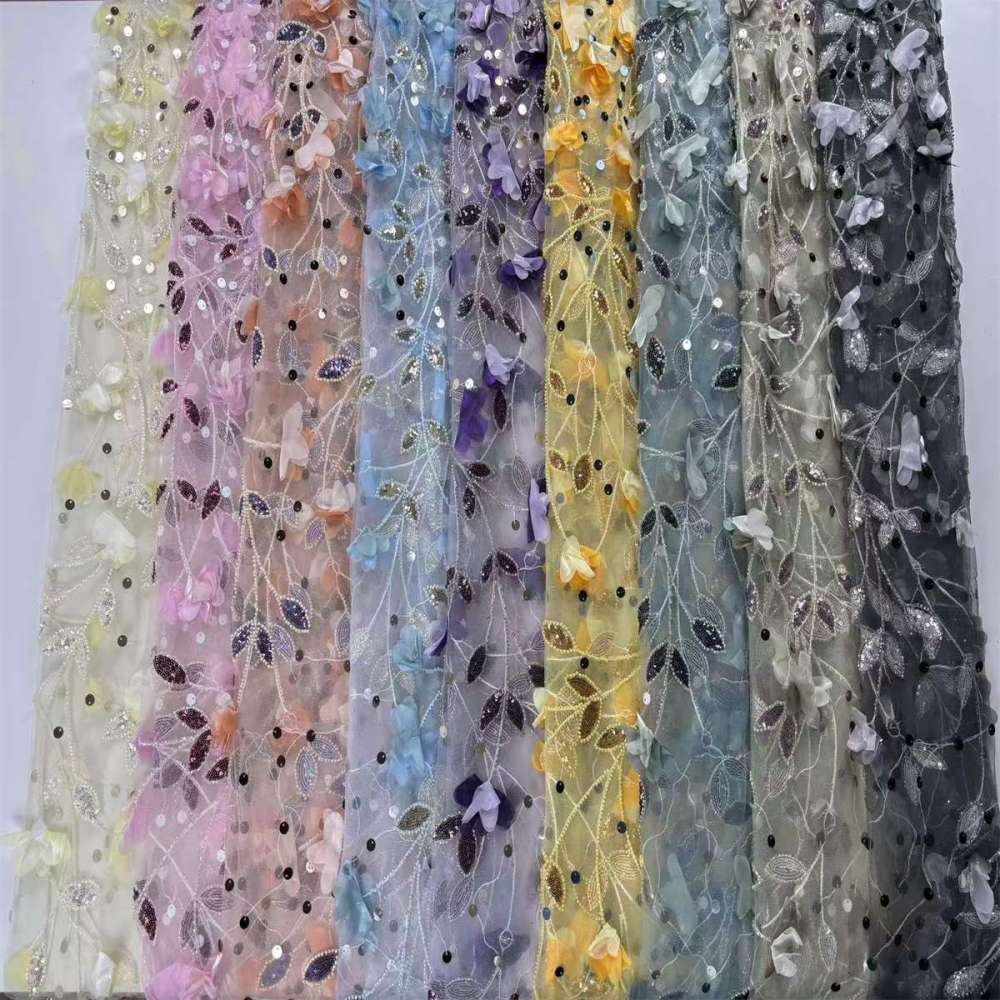 Beaded Tulle Feather 3D Floral Fabric - 5 Yards | HY013