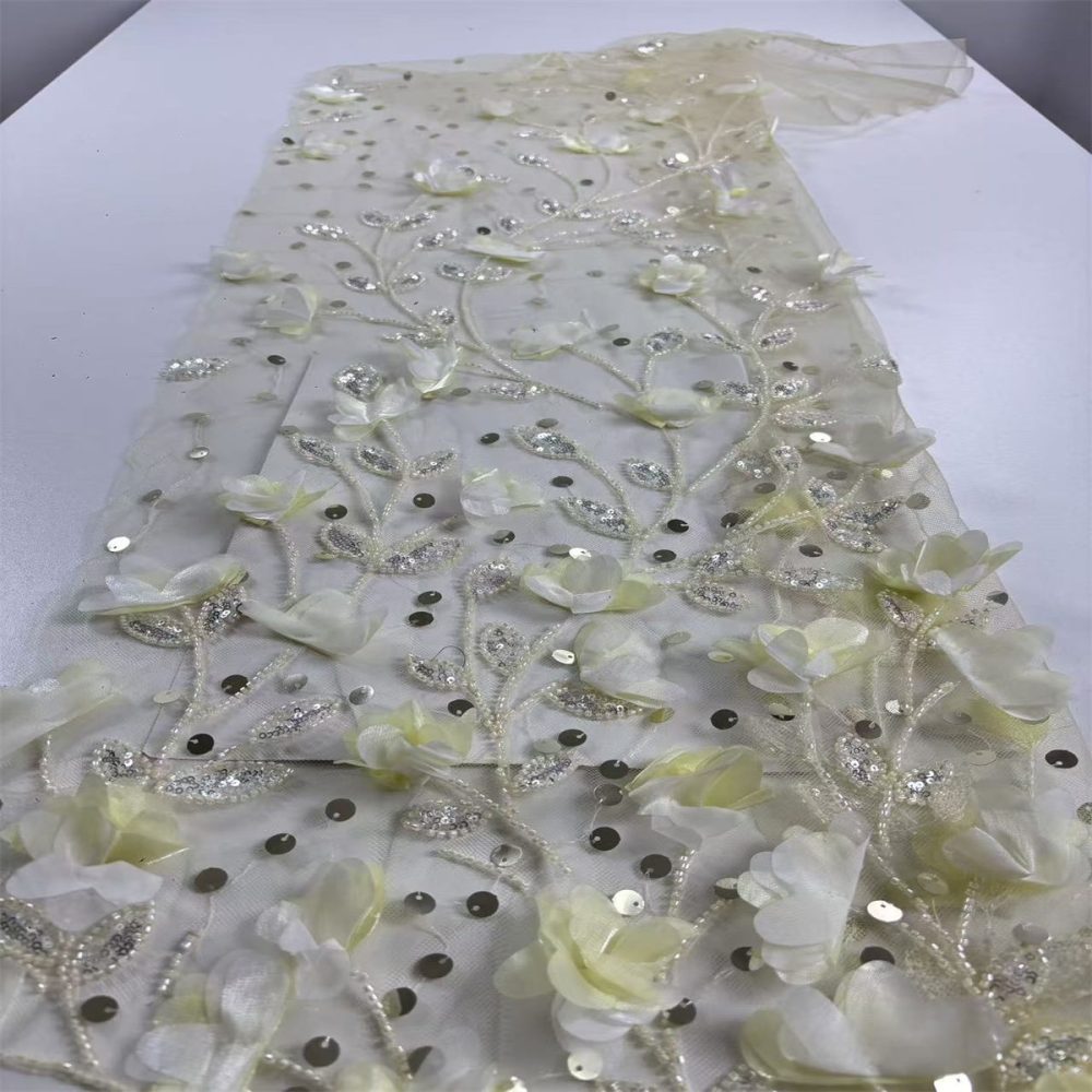 Beaded Tulle Feather 3D Floral Fabric - 5 Yards | HY013