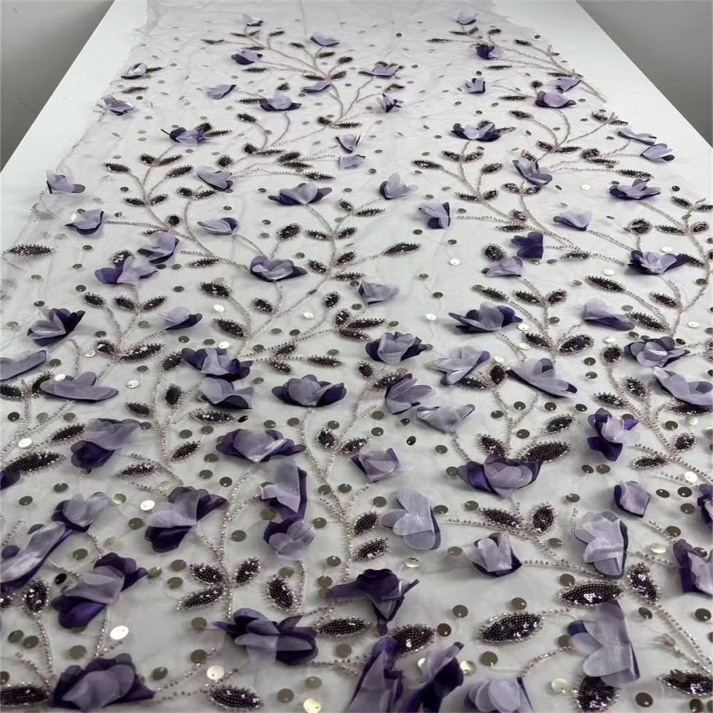Beaded Tulle Feather 3D Floral Fabric - 5 Yards | HY013