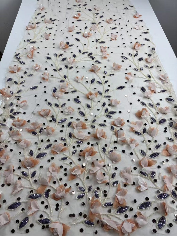 Beaded Tulle Feather 3D Floral Fabric - 5 Yards | HY013
