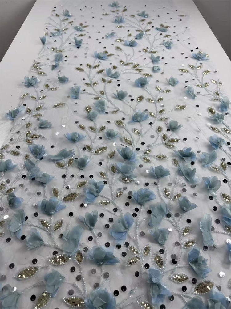 Beaded Tulle Feather 3D Floral Fabric - 5 Yards | HY013