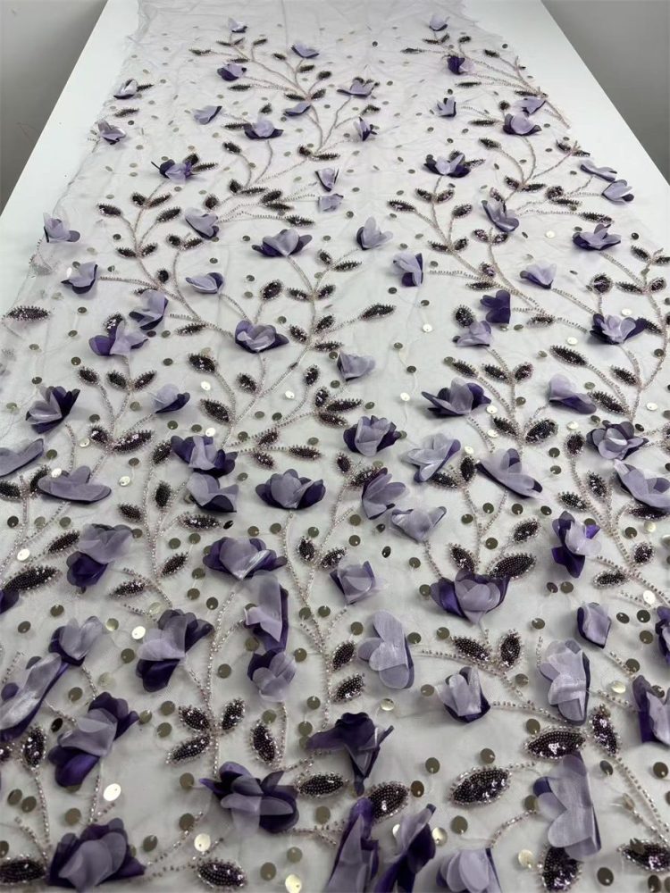 Beaded Tulle Feather 3D Floral Fabric - 5 Yards | HY013
