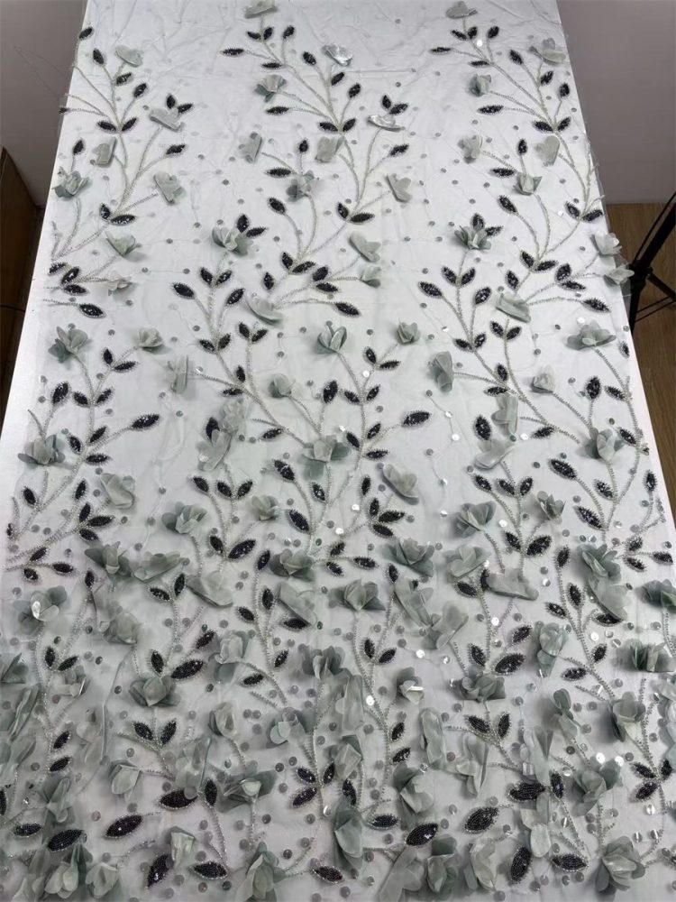 Beaded Tulle Feather 3D Floral Fabric - 5 Yards | HY013