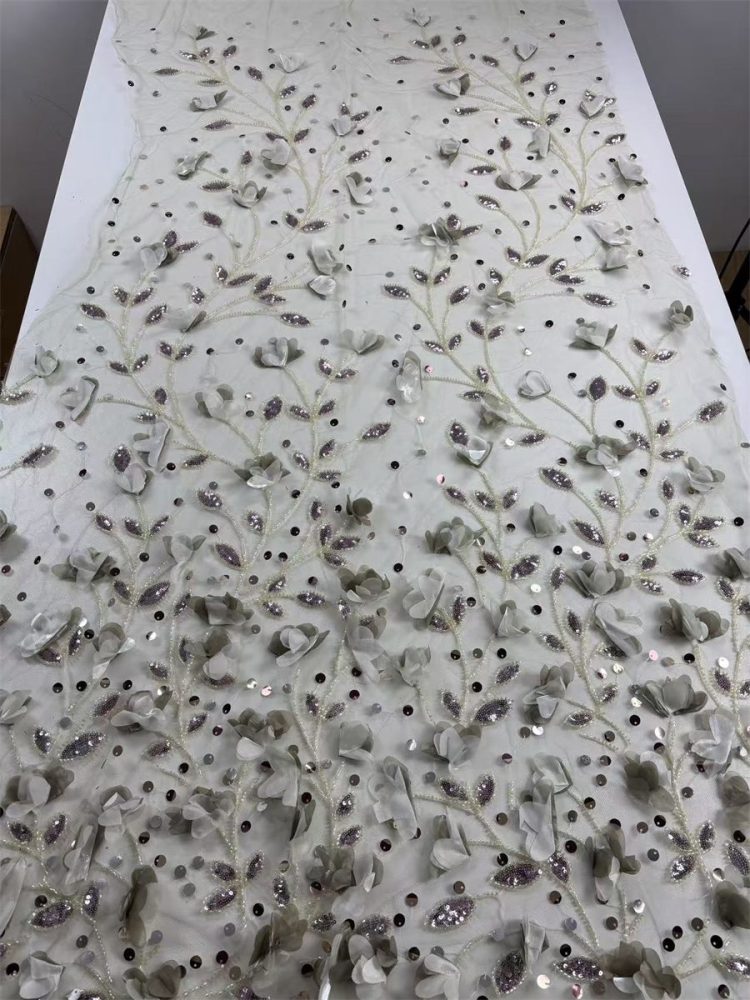 Beaded Tulle Feather 3D Floral Fabric - 5 Yards | HY013