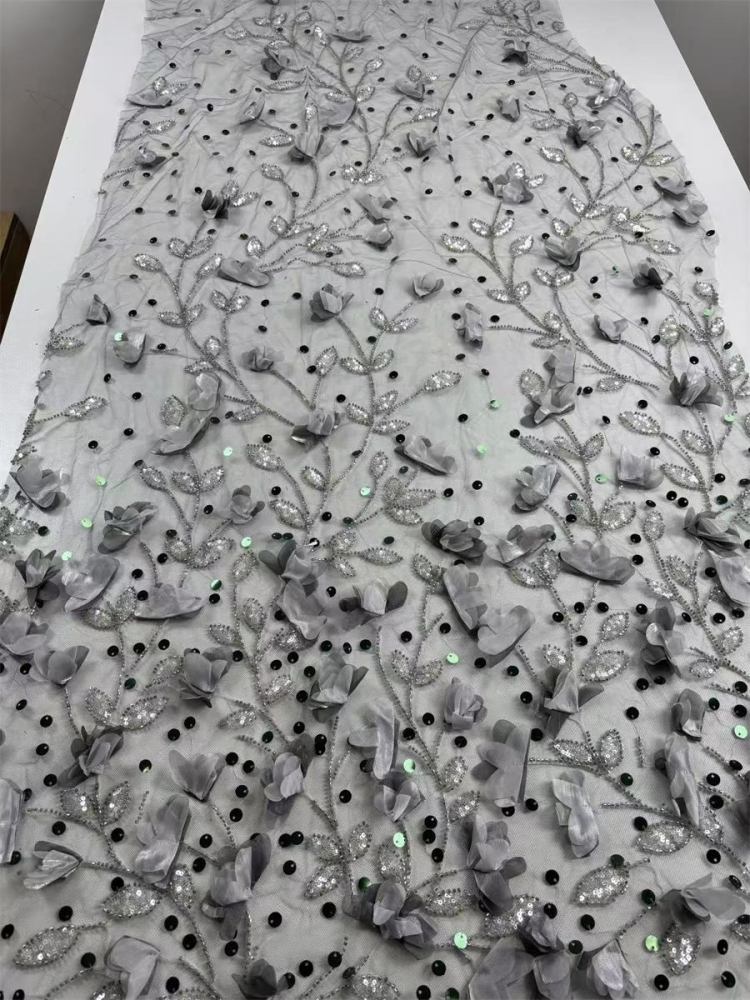 Beaded Tulle Feather 3D Floral Fabric - 5 Yards | HY013