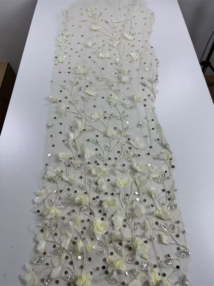 Beaded Tulle Feather 3D Floral Fabric - 5 Yards | HY013