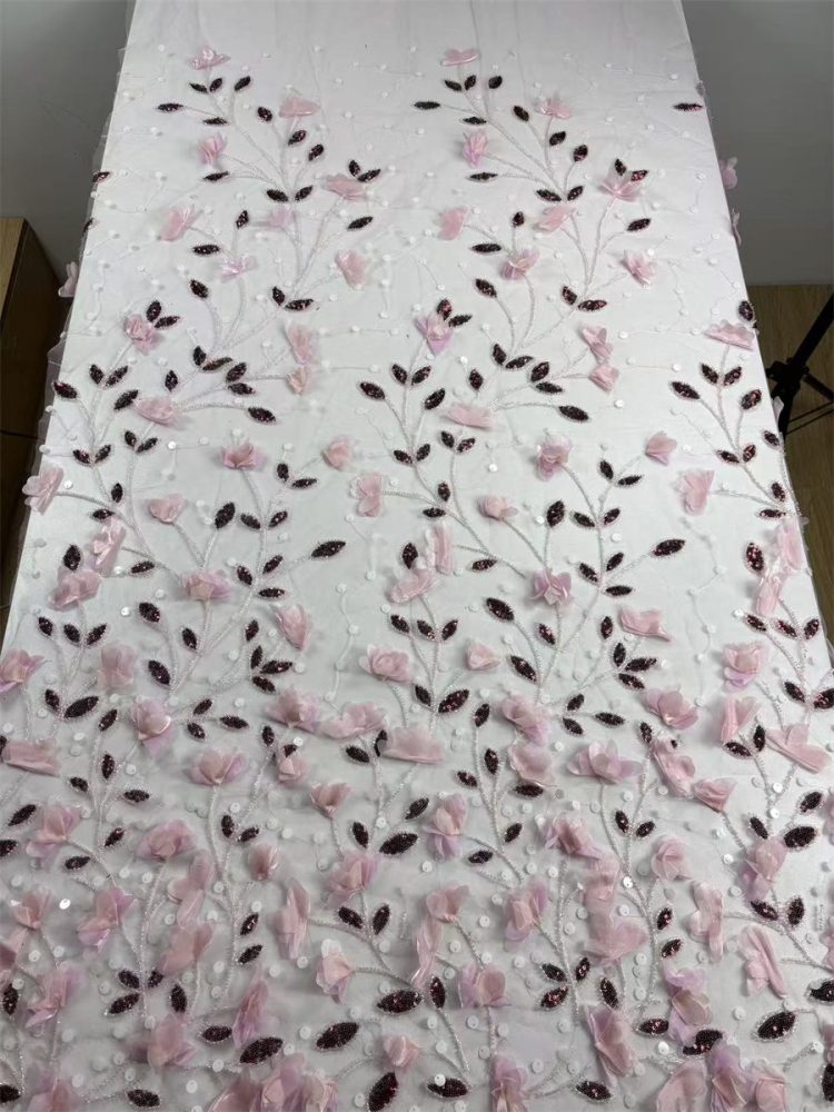 Beaded Tulle Feather 3D Floral Fabric - 5 Yards | HY013
