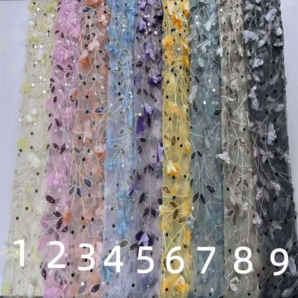 3D Floral Beaded Tulle Fabric - 5 Yards | HY013