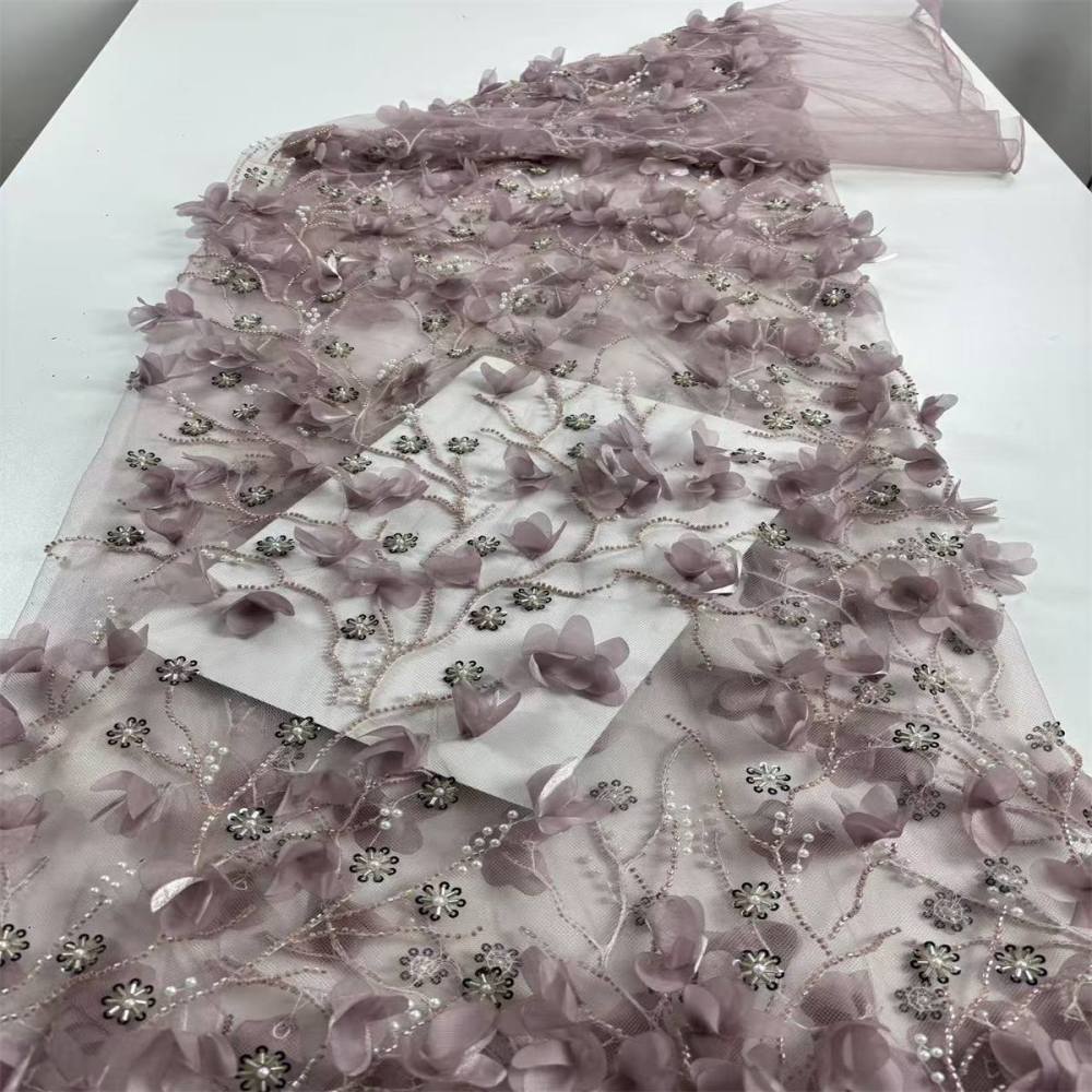 Beaded Tulle Feather 3D Floral Fabric - 5 Yards | HY014
