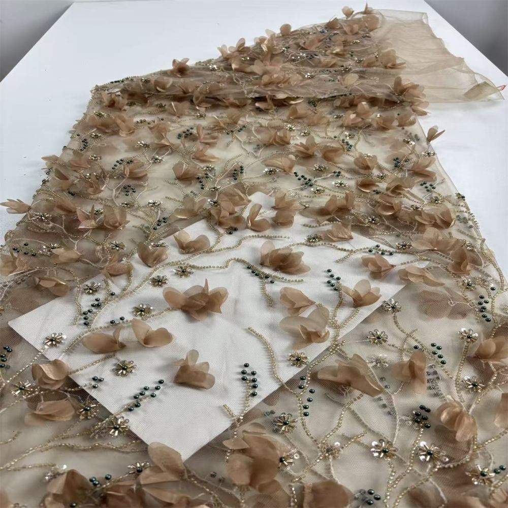 Beaded Tulle Feather 3D Floral Fabric - 5 Yards | HY014