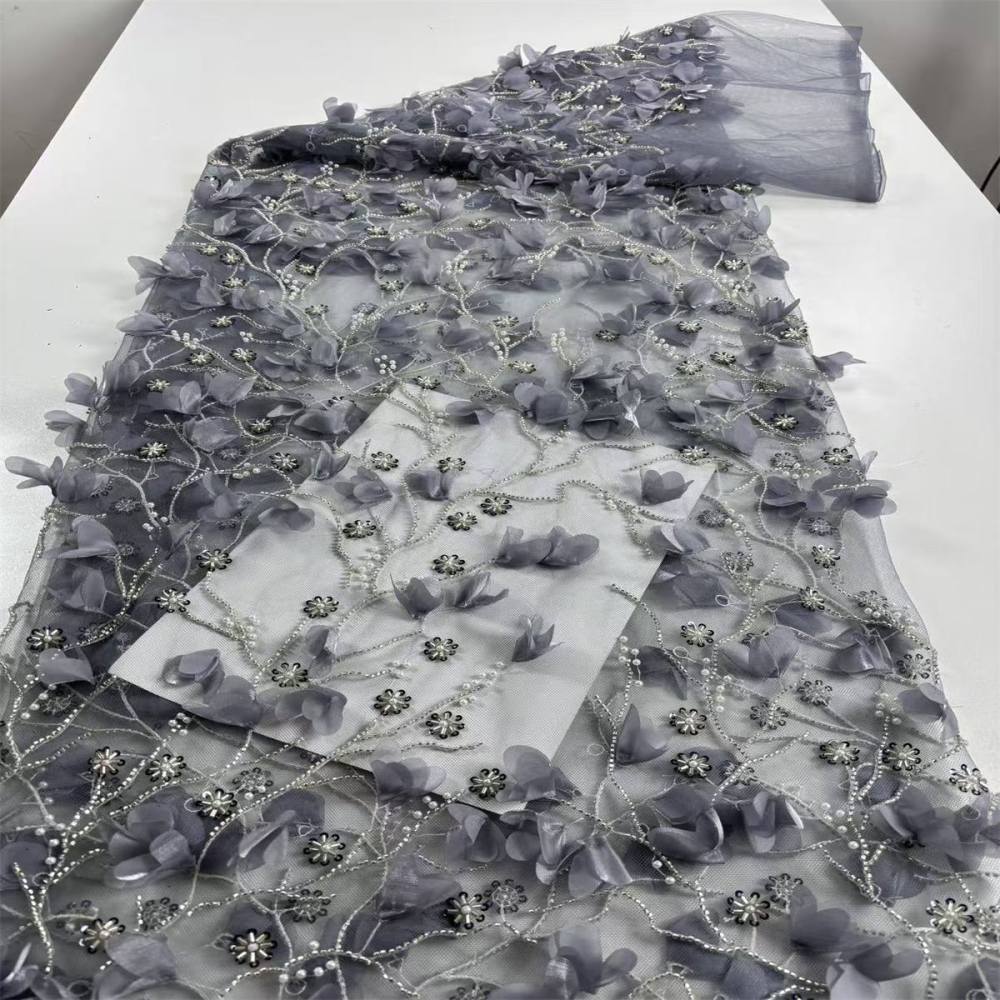 Beaded Tulle Feather 3D Floral Fabric - 5 Yards | HY014