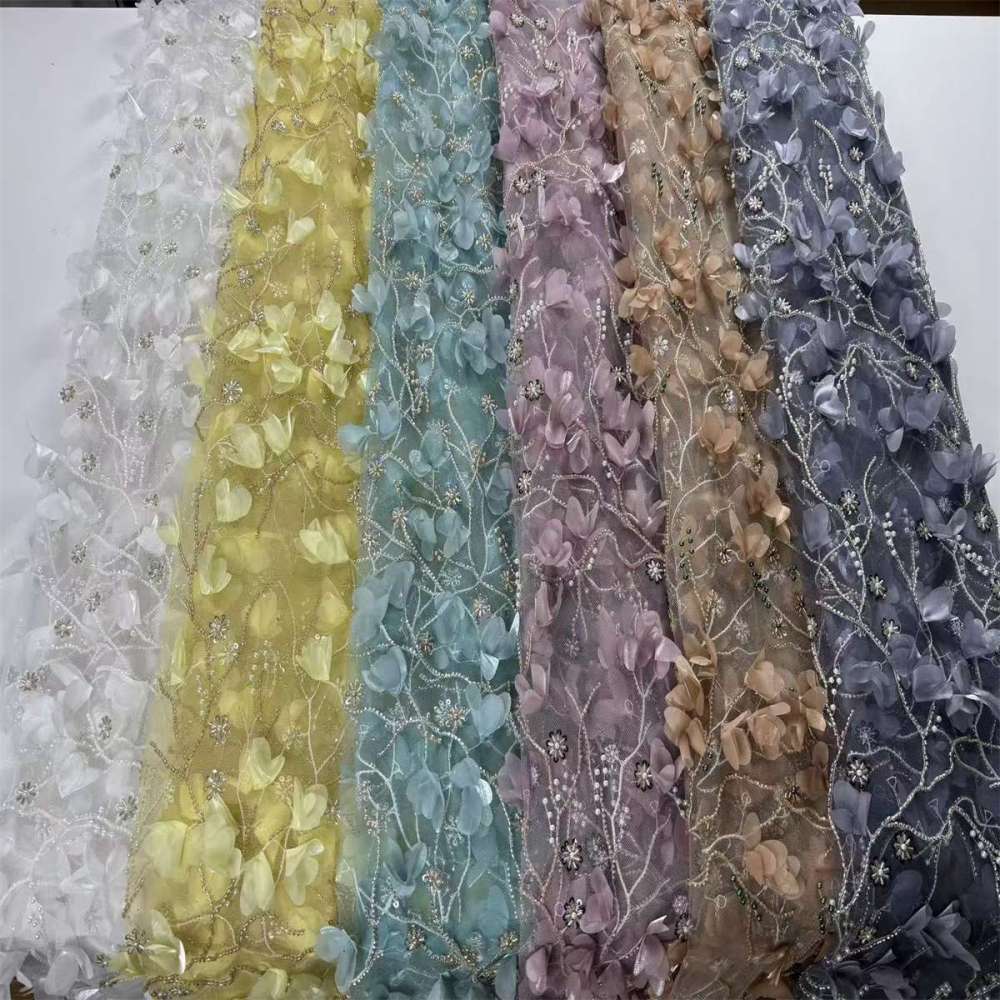 Beaded Tulle Feather 3D Floral Fabric - 5 Yards | HY014