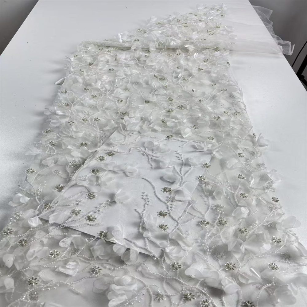 Beaded Tulle Feather 3D Floral Fabric - 5 Yards | HY014