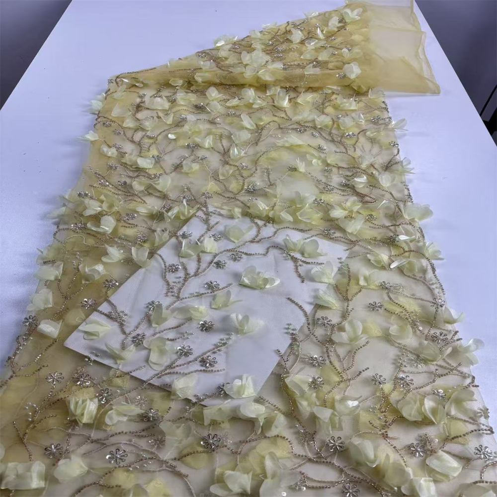 Beaded Tulle Feather 3D Floral Fabric - 5 Yards | HY014