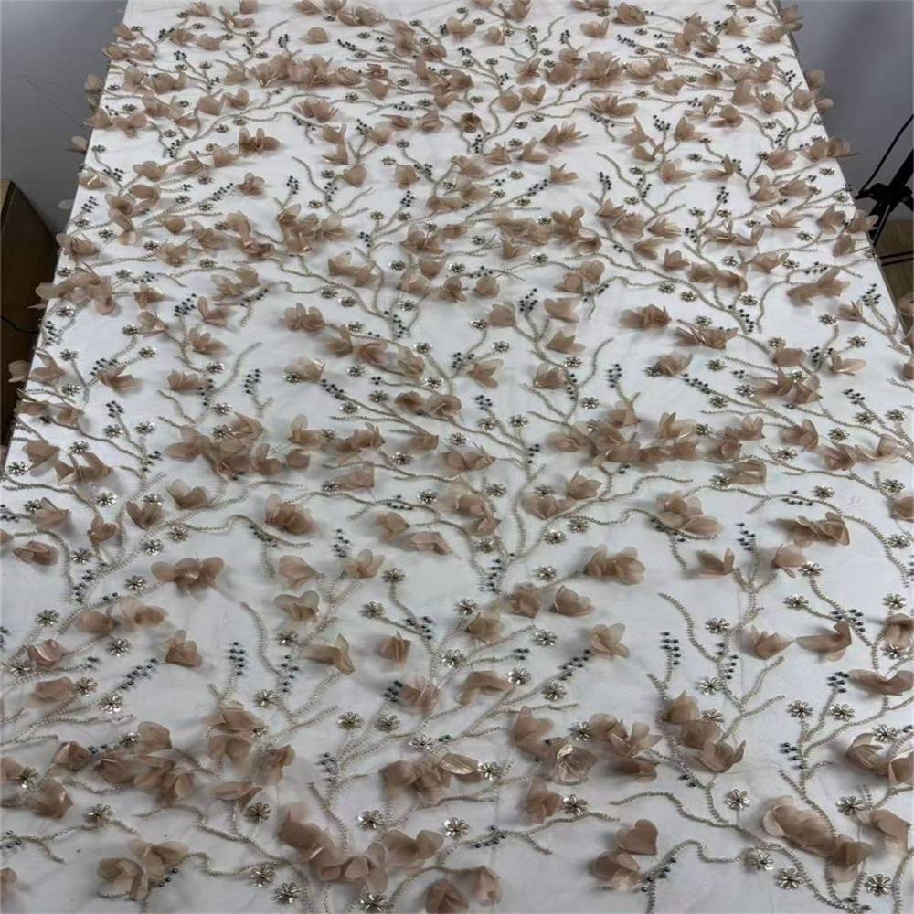 Beaded Tulle Feather 3D Floral Fabric - 5 Yards | HY014