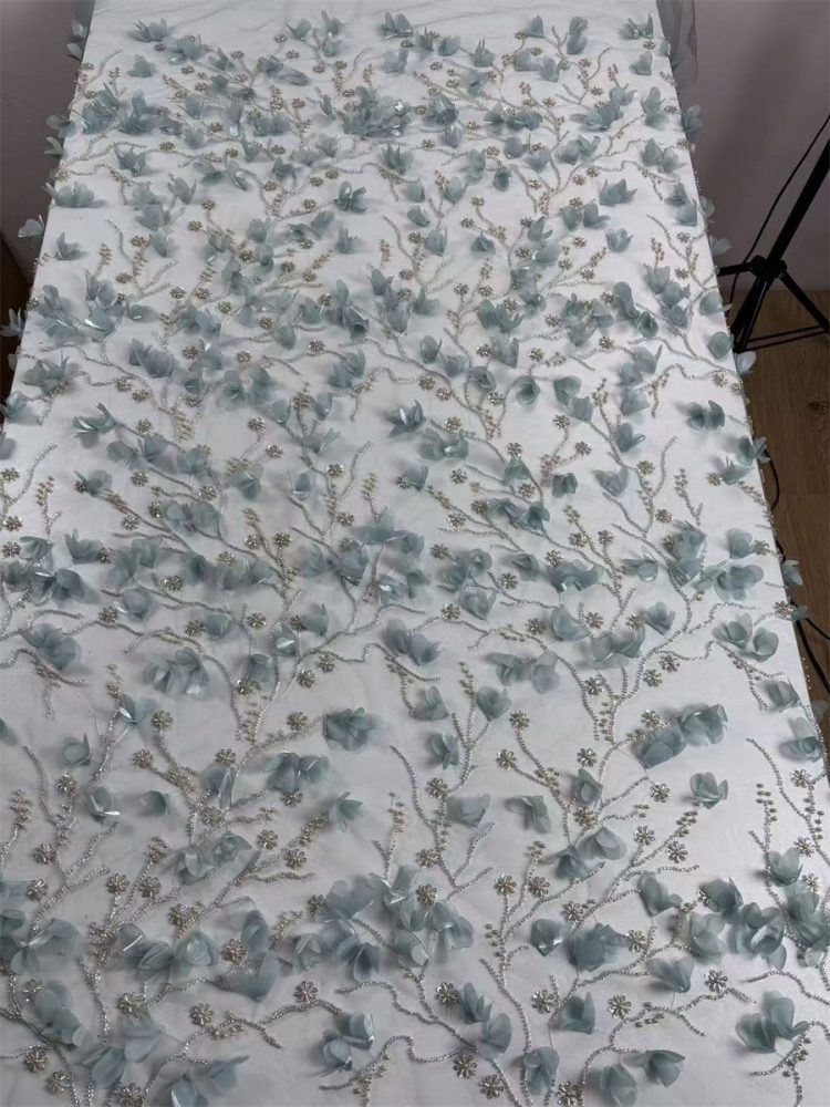 Beaded Tulle Feather 3D Floral Fabric - 5 Yards | HY014