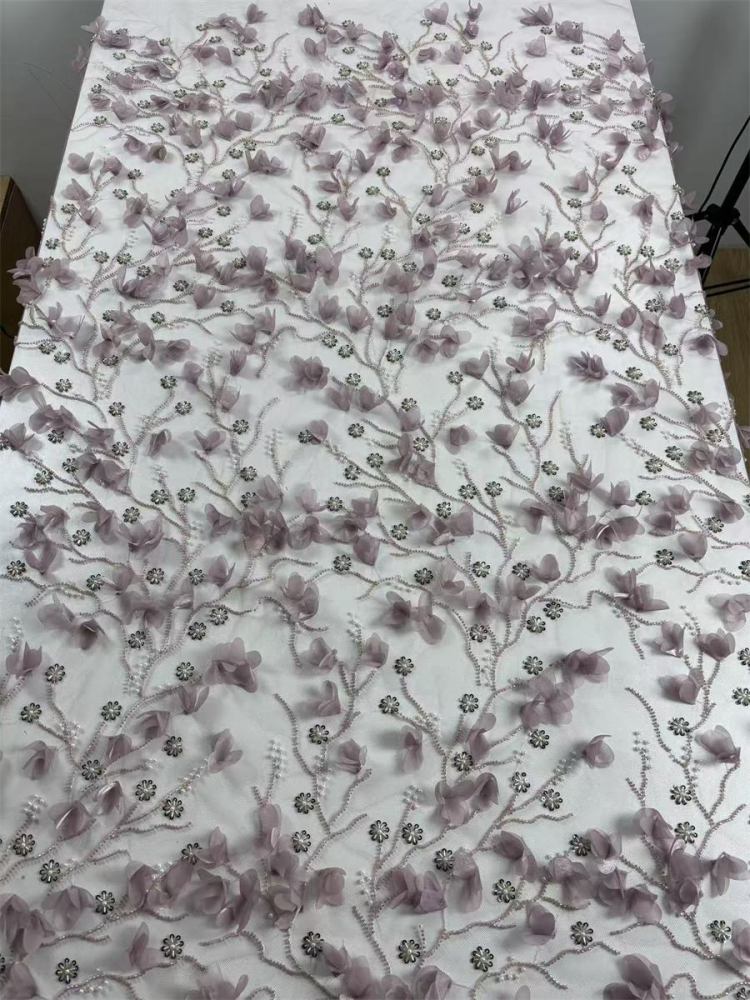 Beaded Tulle Feather 3D Floral Fabric - 5 Yards | HY014