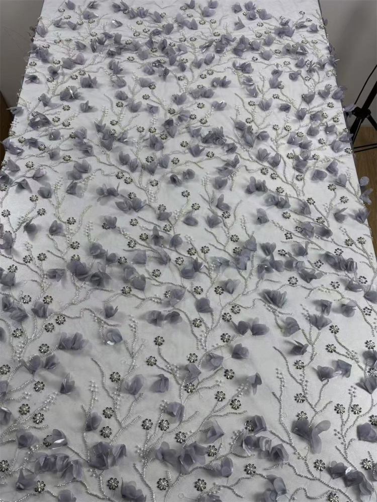 Beaded Tulle Feather 3D Floral Fabric - 5 Yards | HY014