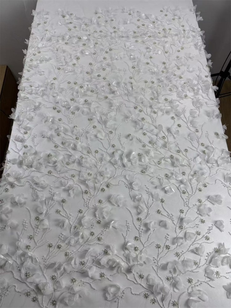 Beaded Tulle Feather 3D Floral Fabric - 5 Yards | HY014