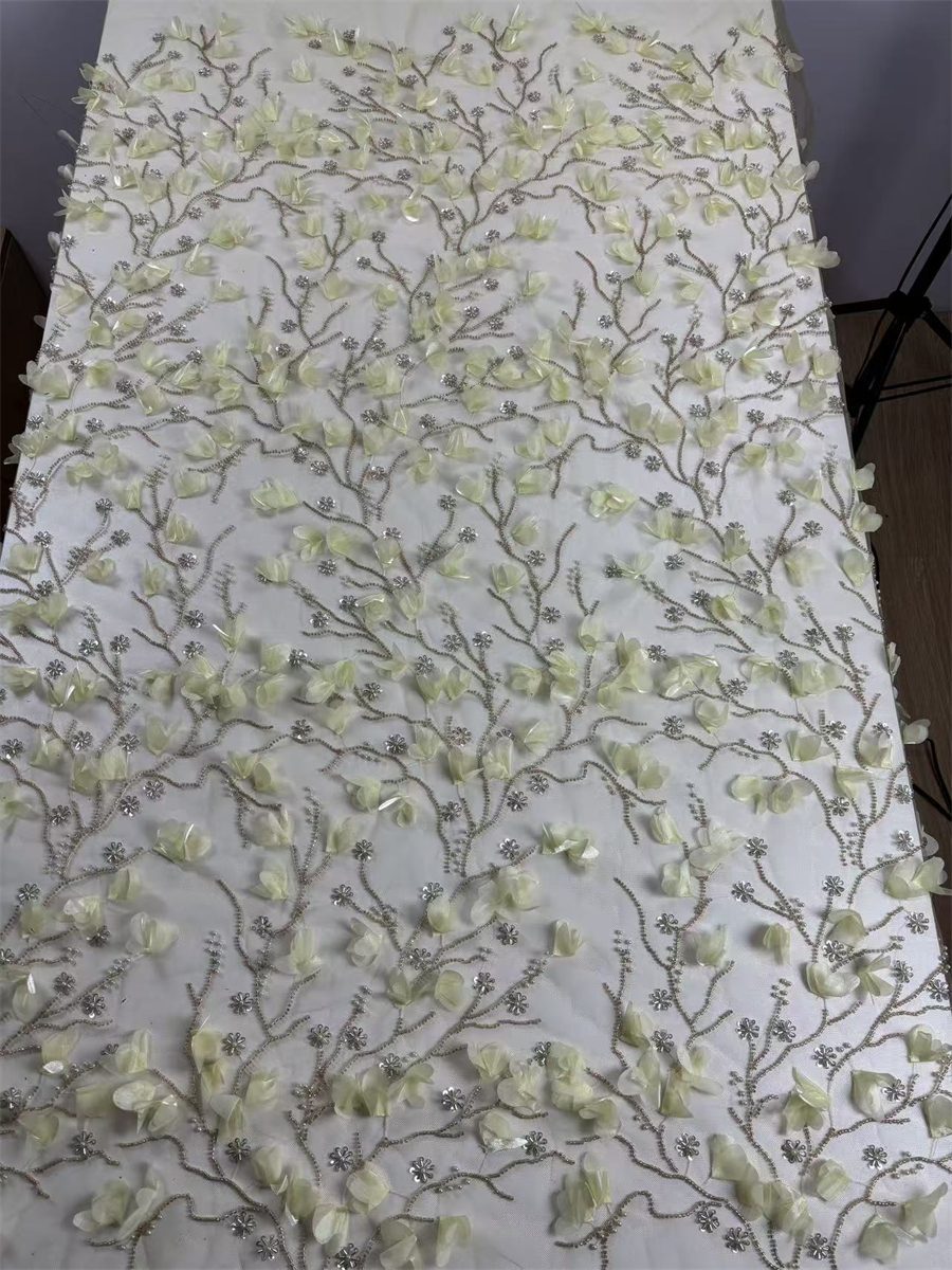 Beaded Tulle Feather 3D Floral Fabric - 5 Yards | HY014