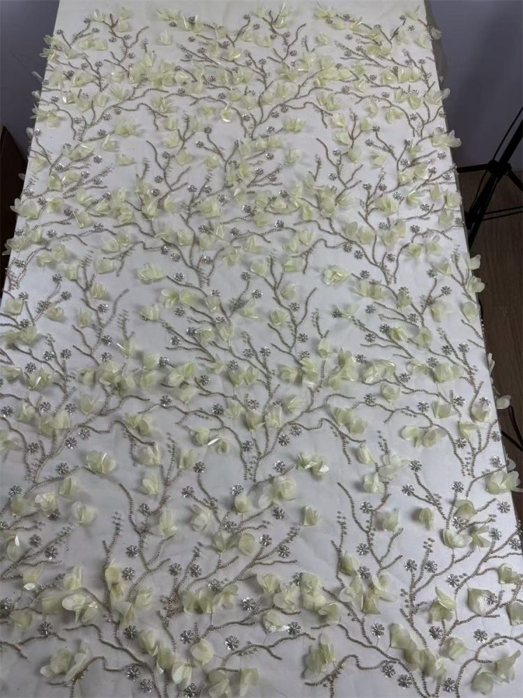 Beaded Tulle Feather 3D Floral Fabric - 5 Yards | HY014