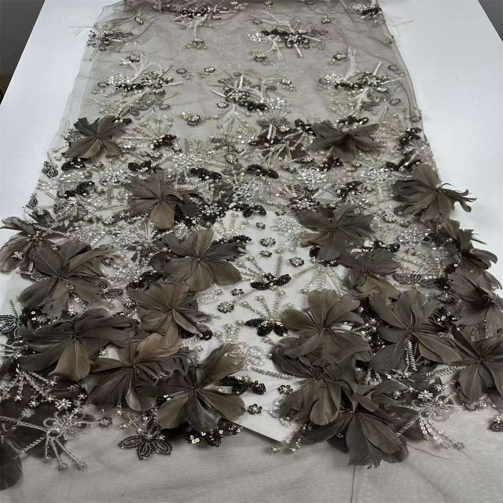 Beaded Tulle Feather 3D Floral Fabric - 5 Yards | HY015
