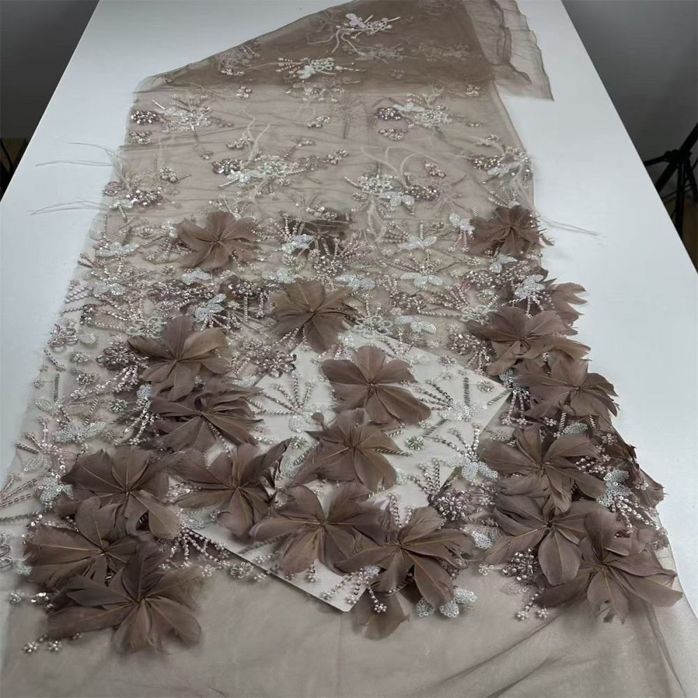 Beaded Tulle Feather 3D Floral Fabric - 5 Yards | HY015
