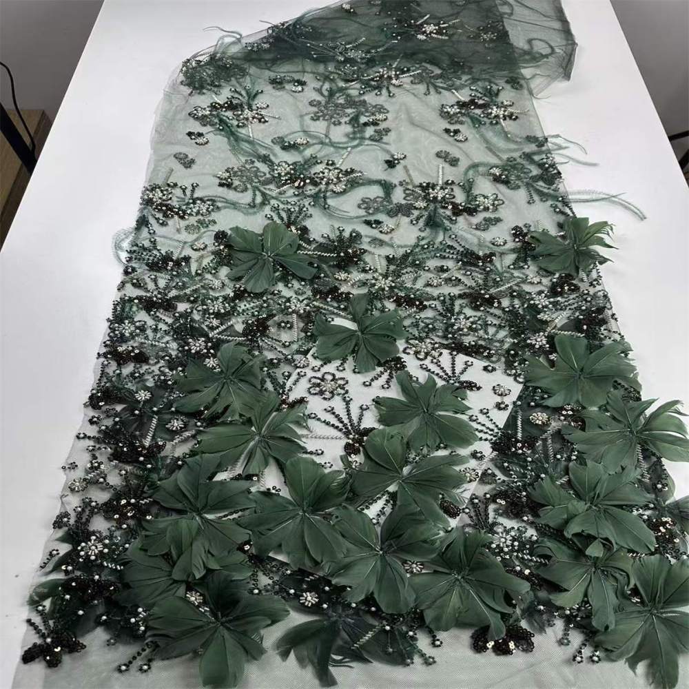 Beaded Tulle Feather 3D Floral Fabric - 5 Yards | HY015