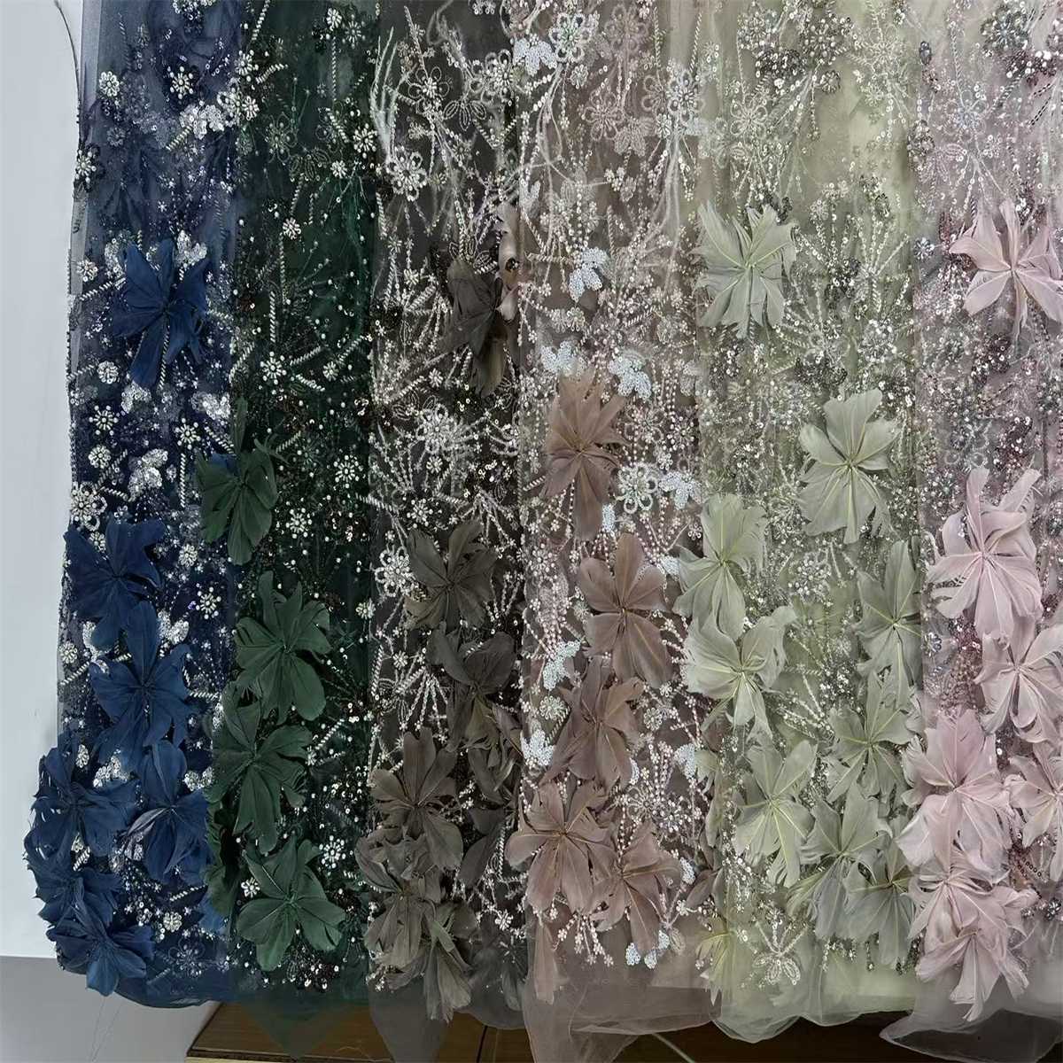 Beaded Tulle Feather 3D Floral Fabric - 5 Yards | HY015