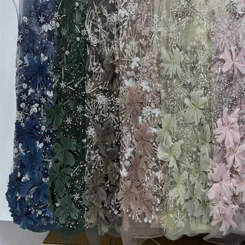 Beaded Tulle Feather 3D Floral Fabric - 5 Yards | HY015