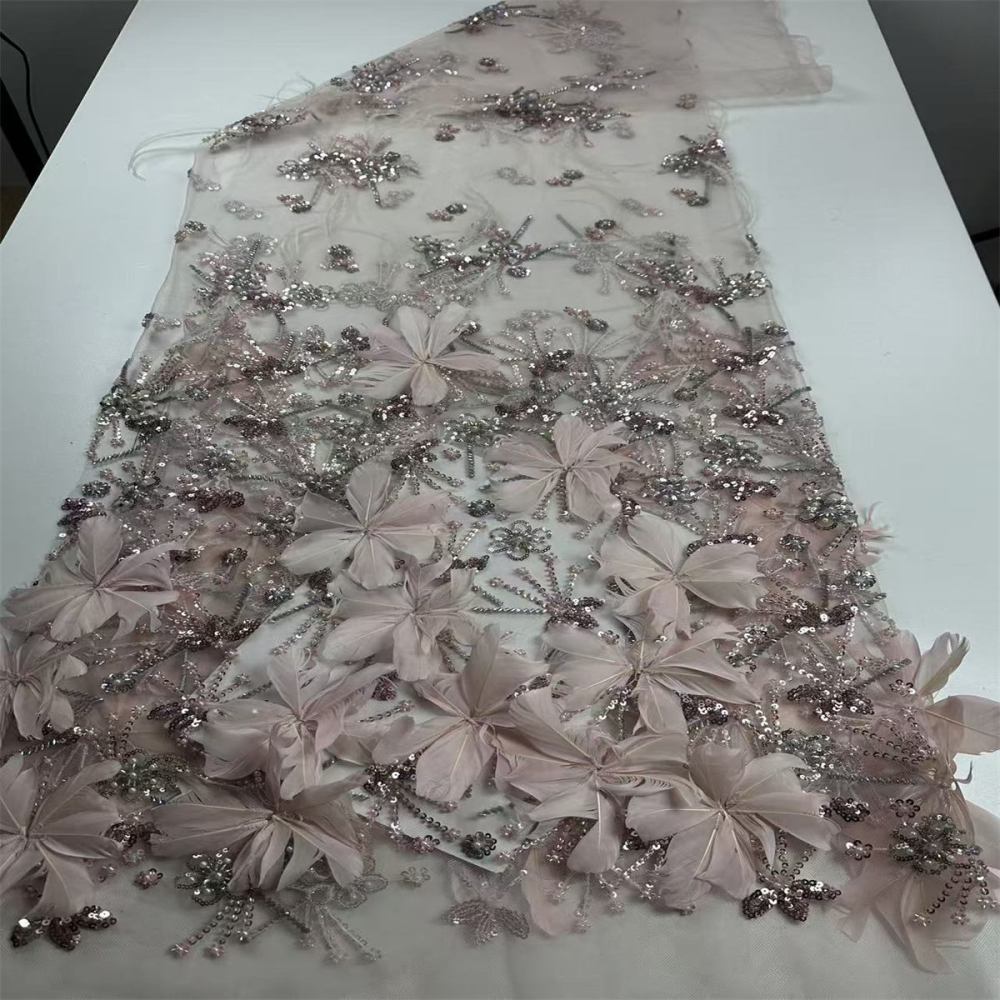 Beaded Tulle Feather 3D Floral Fabric - 5 Yards | HY015