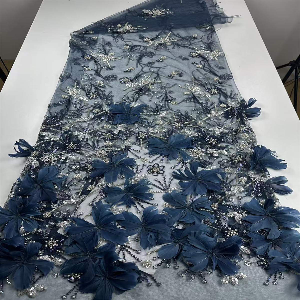 Beaded Tulle Feather 3D Floral Fabric - 5 Yards | HY015