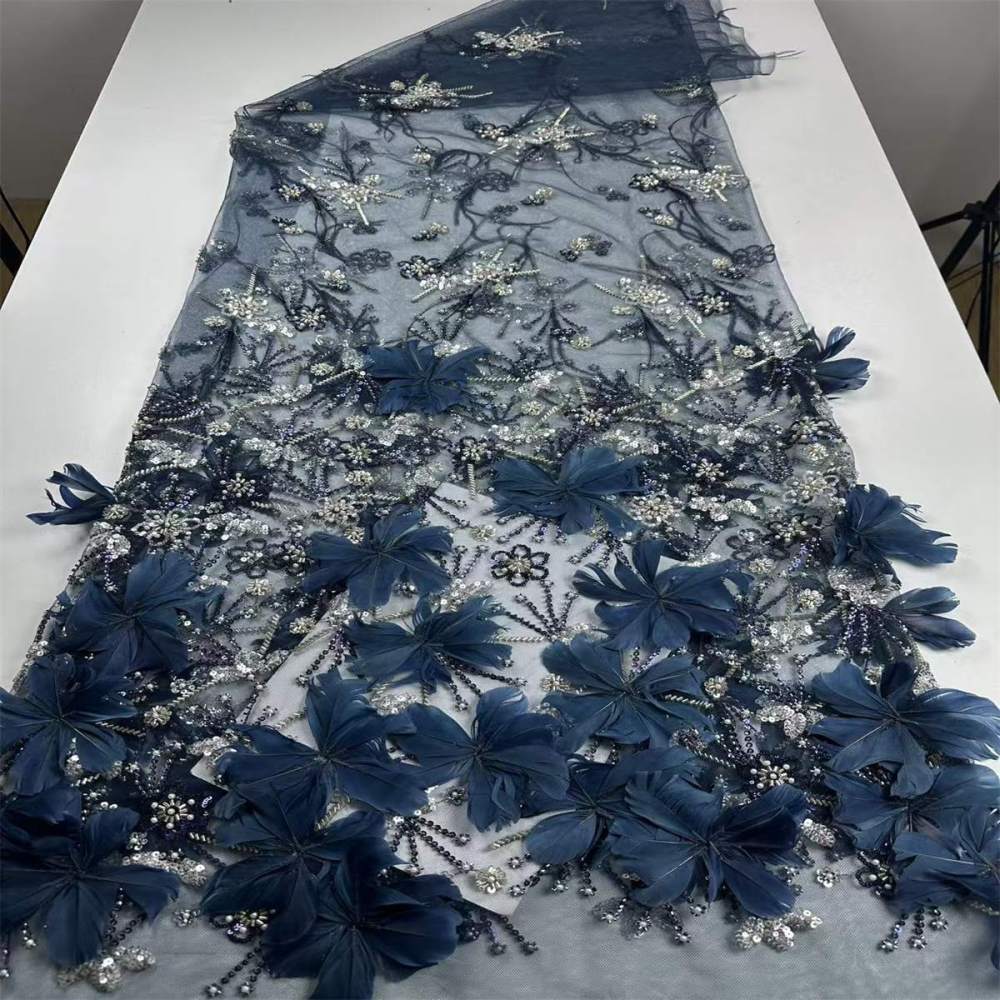 Beaded Tulle Feather 3D Floral Fabric - 5 Yards | HY015