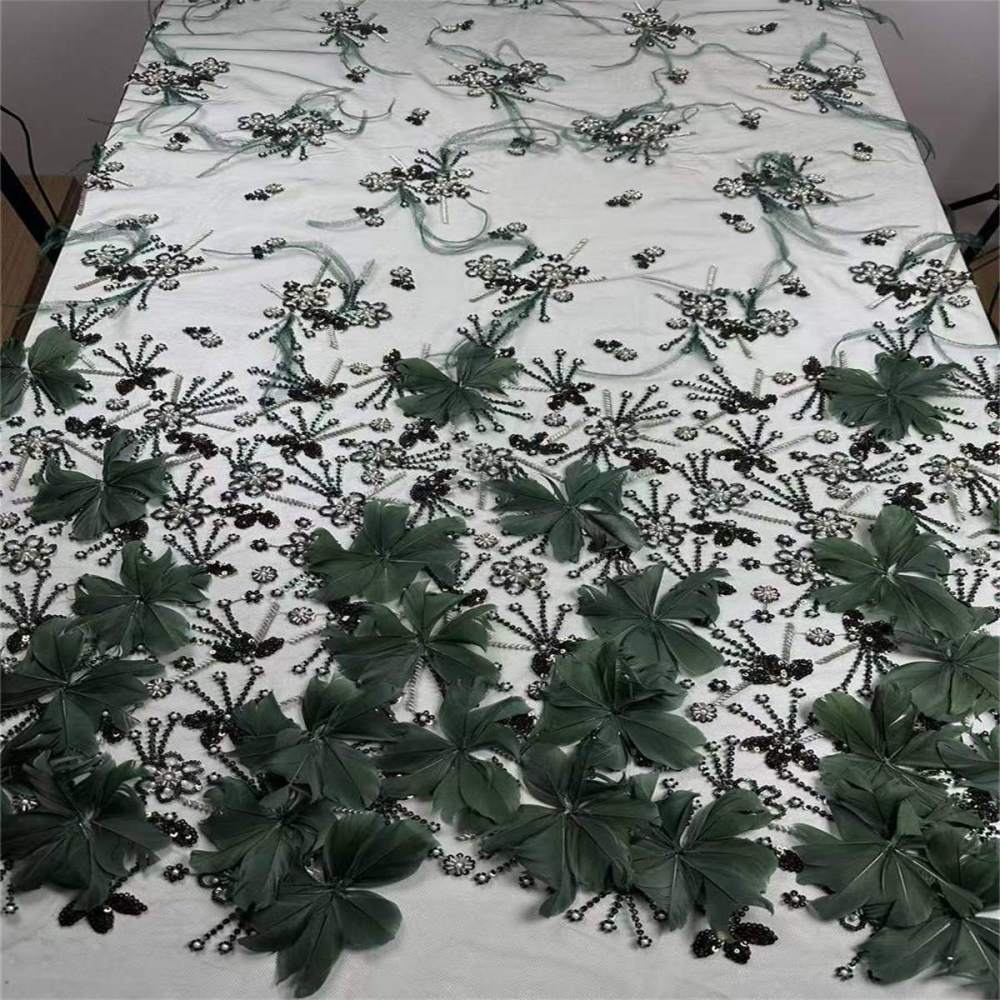 Beaded Tulle Feather 3D Floral Fabric - 5 Yards | HY015