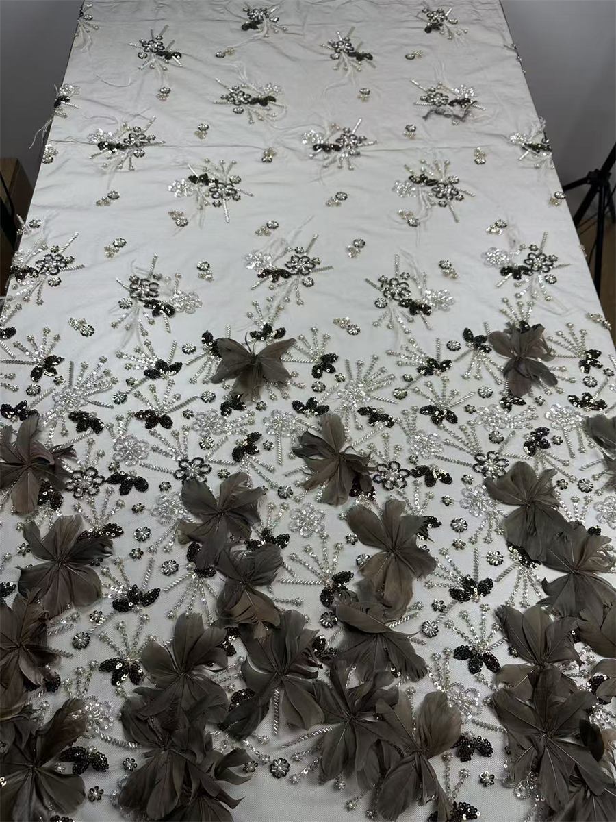 Beaded Tulle Feather 3D Floral Fabric - 5 Yards | HY015
