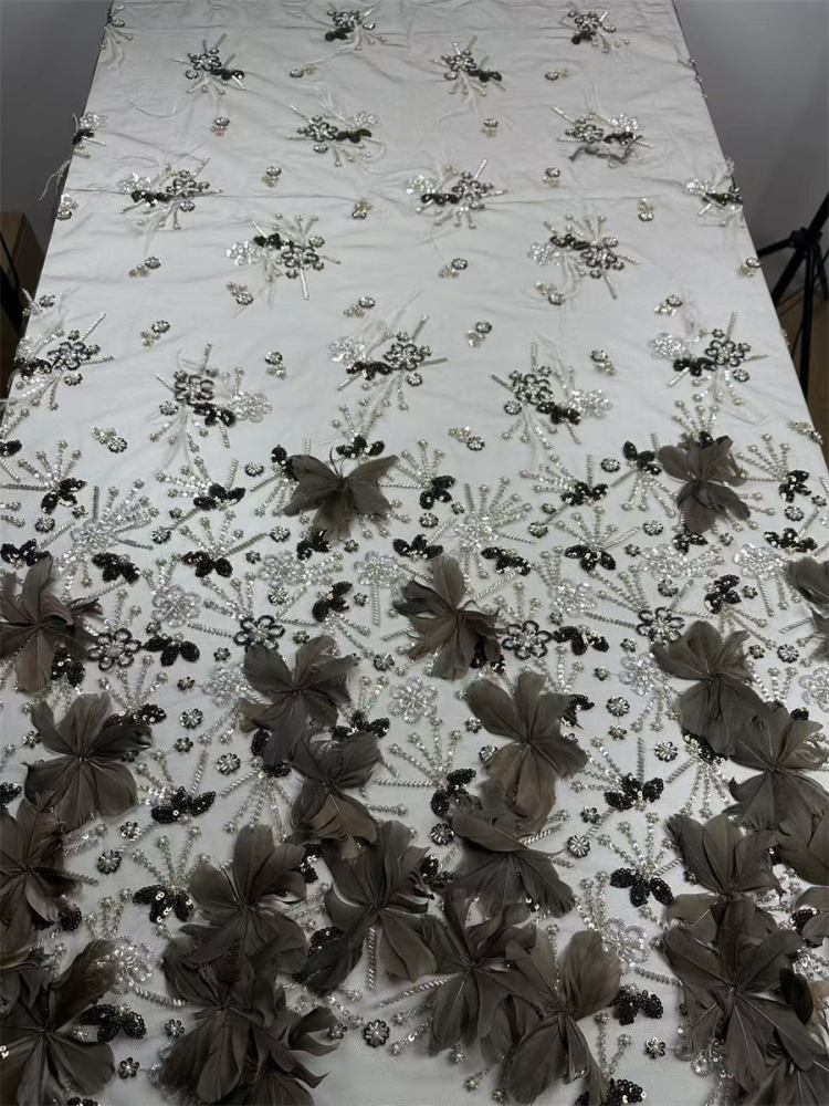 Beaded Tulle Feather 3D Floral Fabric - 5 Yards | HY015