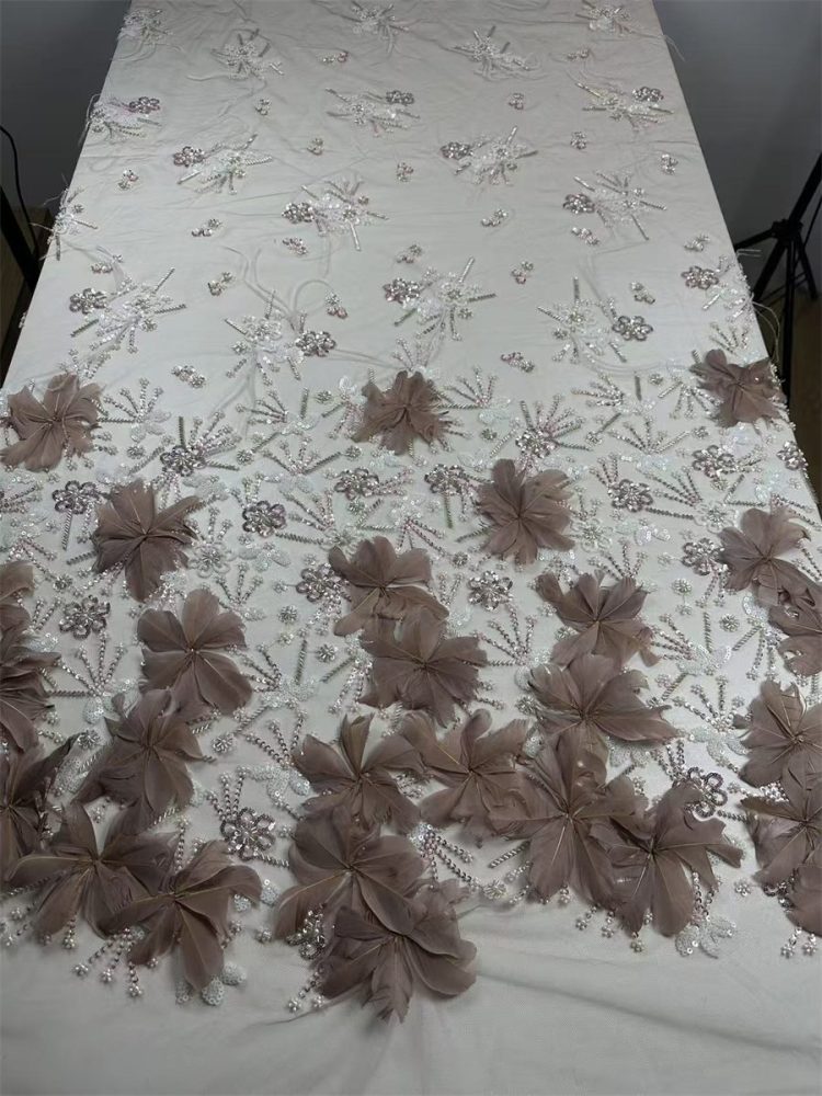 Beaded Tulle Feather 3D Floral Fabric - 5 Yards | HY015