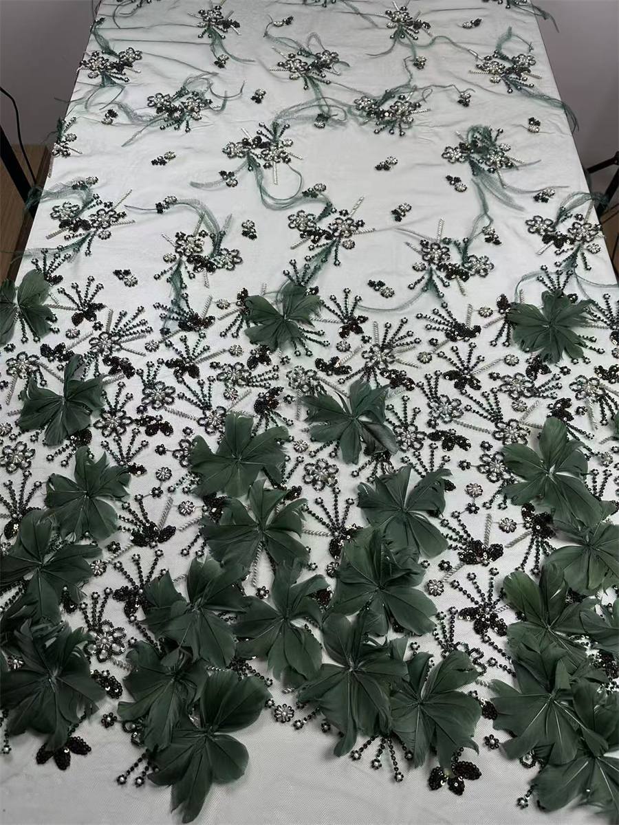 Beaded Tulle Feather 3D Floral Fabric - 5 Yards | HY015