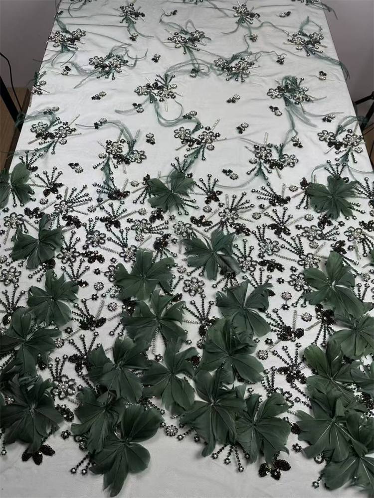 Beaded Tulle Feather 3D Floral Fabric - 5 Yards | HY015