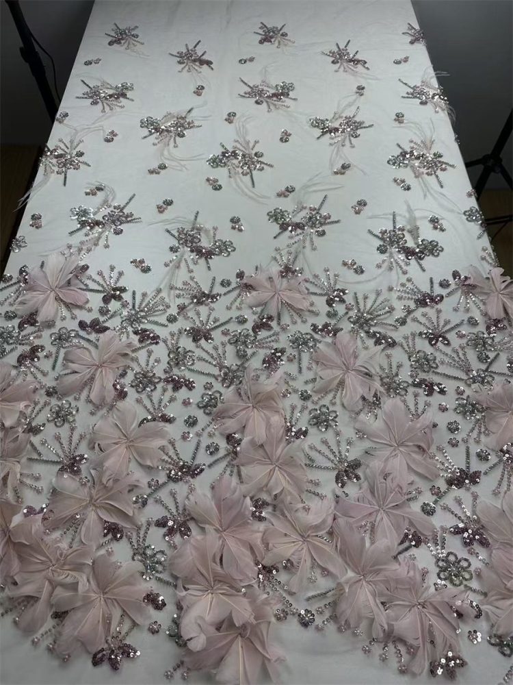 Beaded Tulle Feather 3D Floral Fabric - 5 Yards | HY015