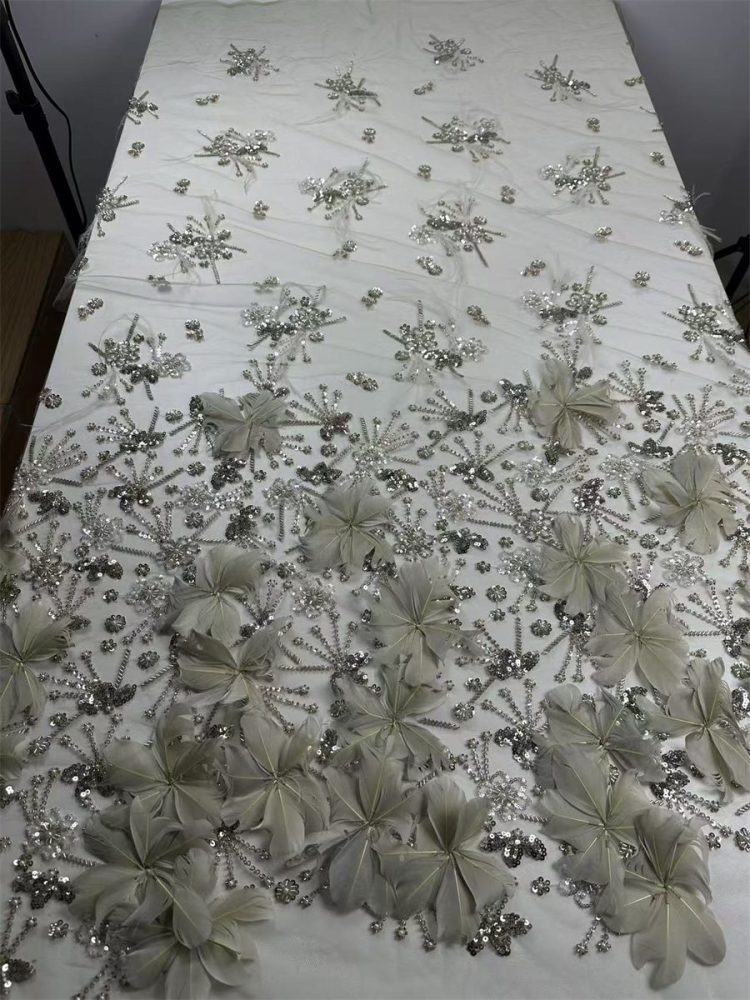 Beaded Tulle Feather 3D Floral Fabric - 5 Yards | HY015