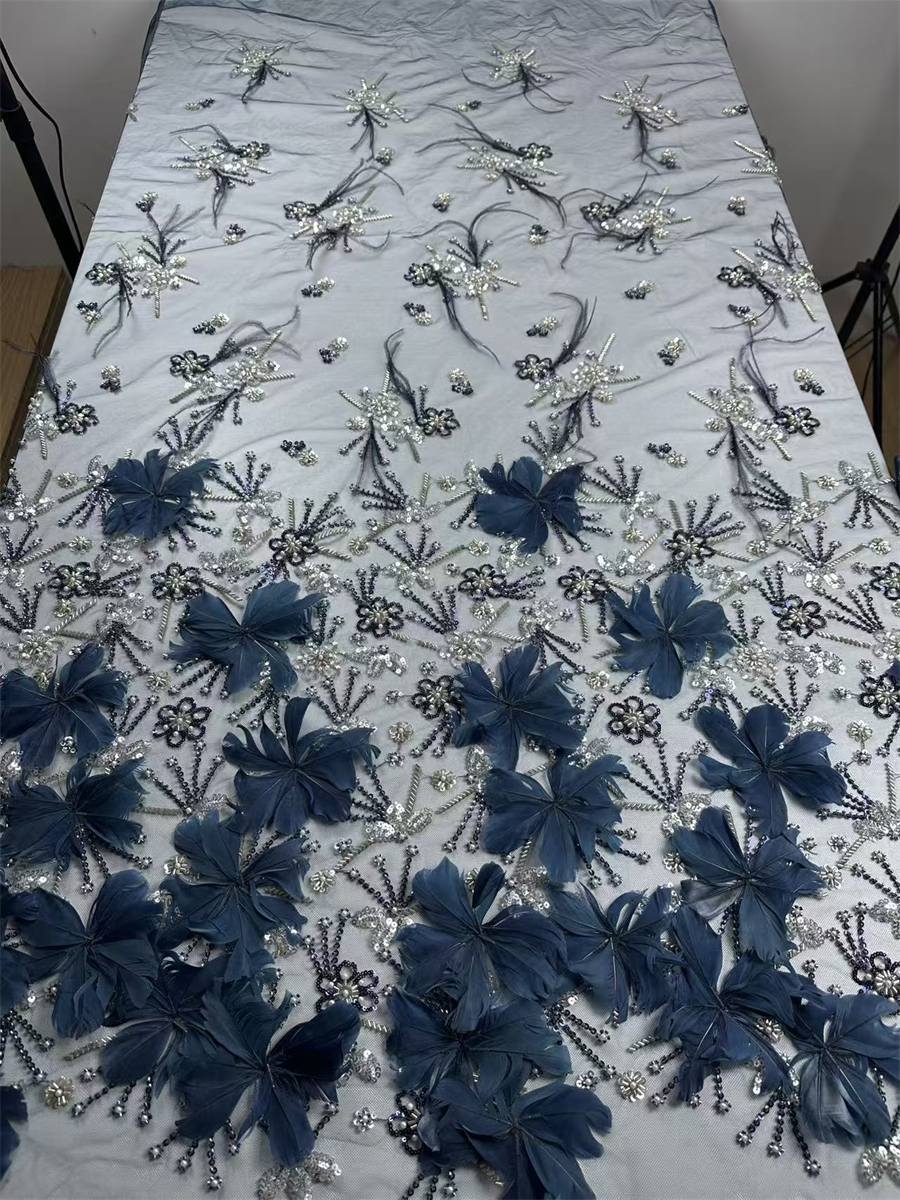 Beaded Tulle Feather 3D Floral Fabric - 5 Yards | HY015